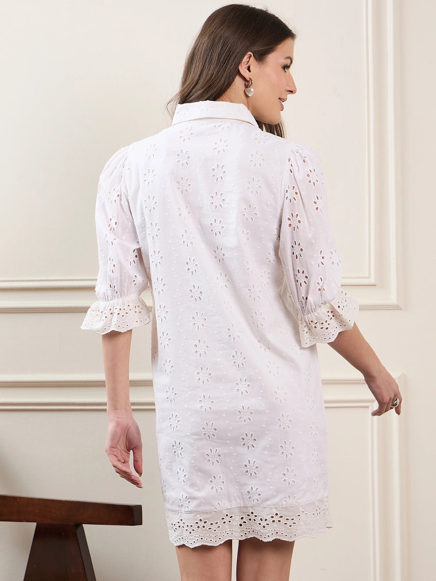 White Cotton Schiffli Short Dress with Puff Sleeves