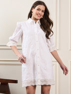 White Cotton Schiffli Short Dress with Puff Sleeves