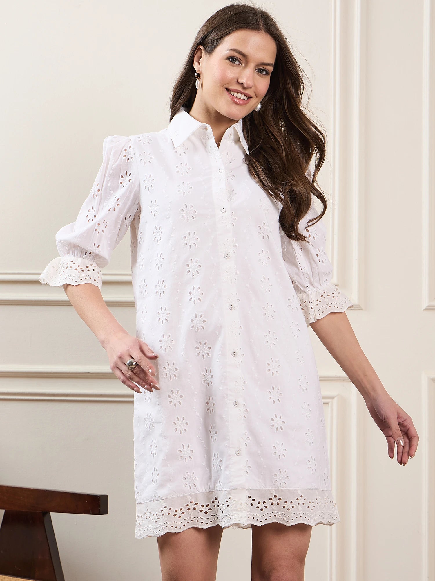 White Cotton Schiffli Short Dress with Puff Sleeves