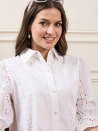 White Cotton Schiffli Short Dress with Puff Sleeves