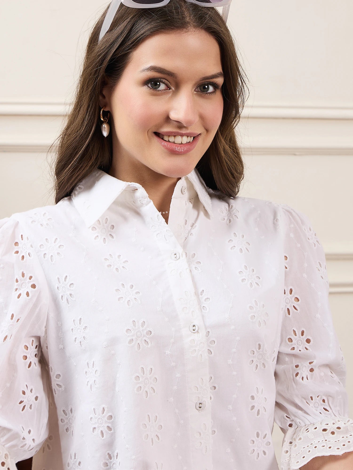 White Cotton Schiffli Short Dress with Puff Sleeves