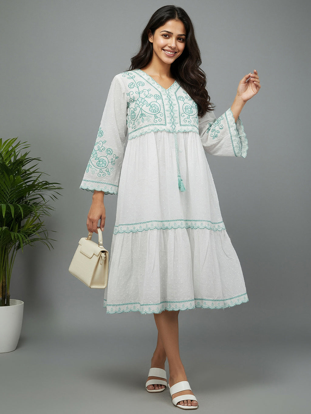 Cotton White Embroidered V-neck Midi Dress