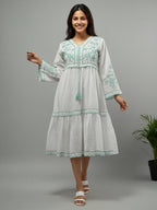 Cotton White Embroidered V-neck Midi Dress