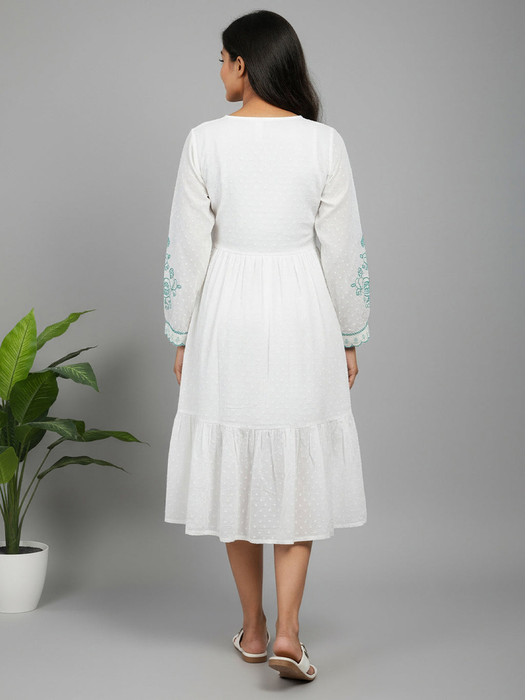 Cotton White Embroidered V-neck Midi Dress