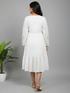 Cotton White Embroidered V-neck Midi Dress
