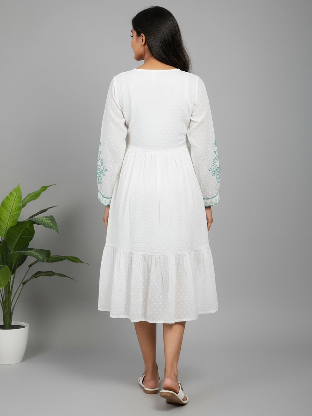 Cotton White Embroidered V-neck Midi Dress