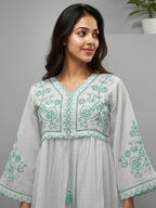 Cotton White Embroidered V-neck Midi Dress