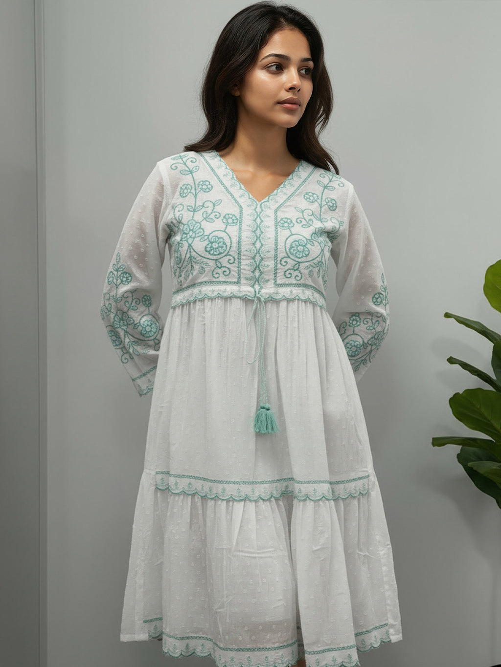 Cotton White Embroidered V-neck Midi Dress