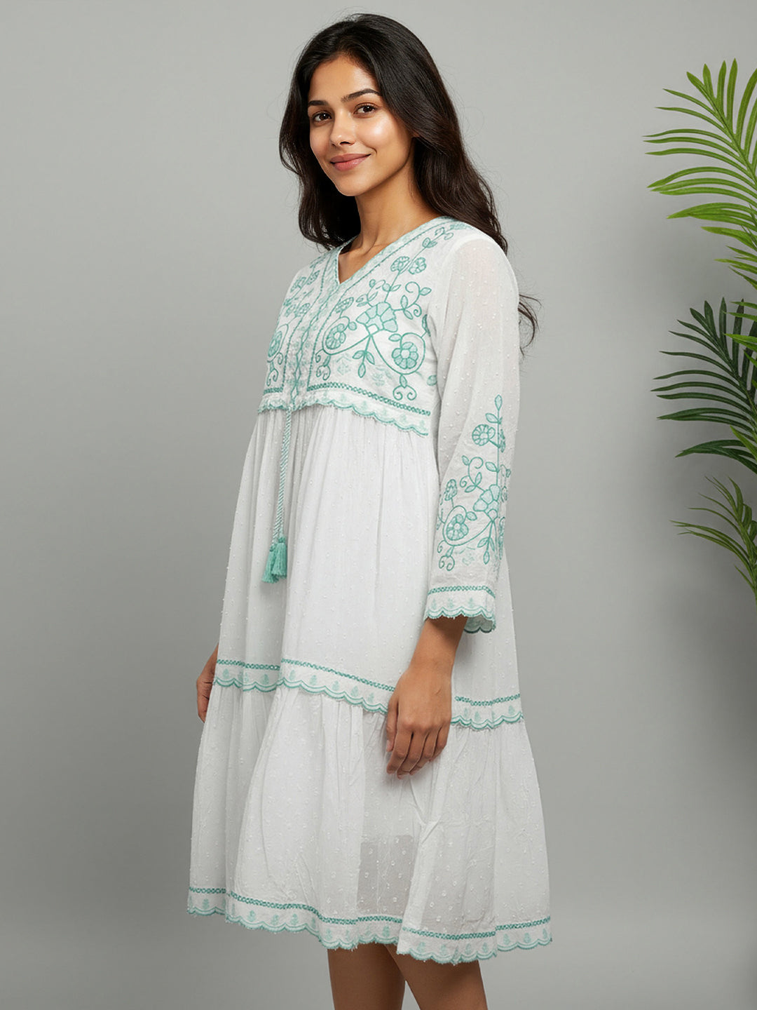 Cotton White Embroidered V-neck Midi Dress