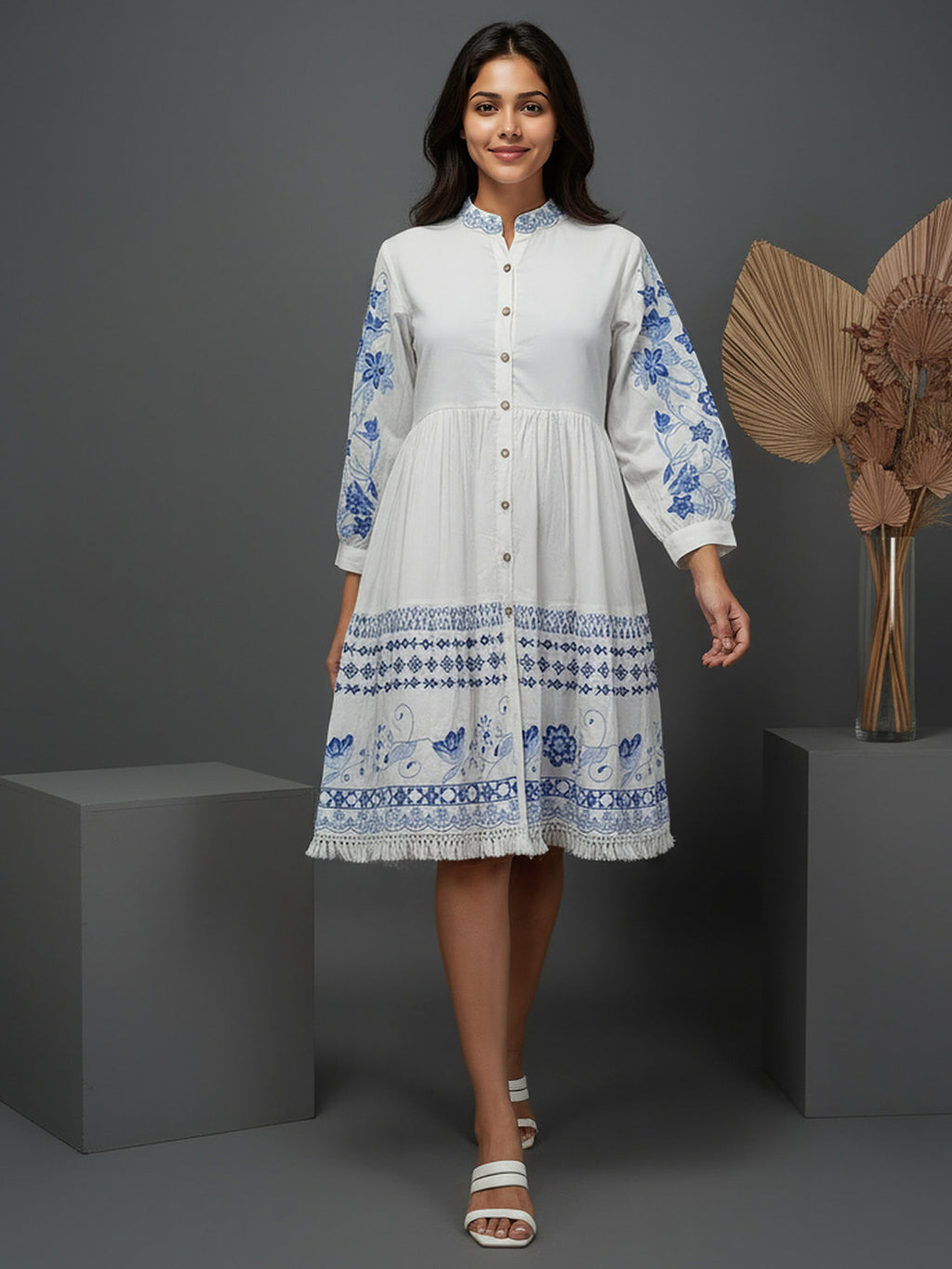 Cotton White Embroidered Fit and Flare Shirt Dress