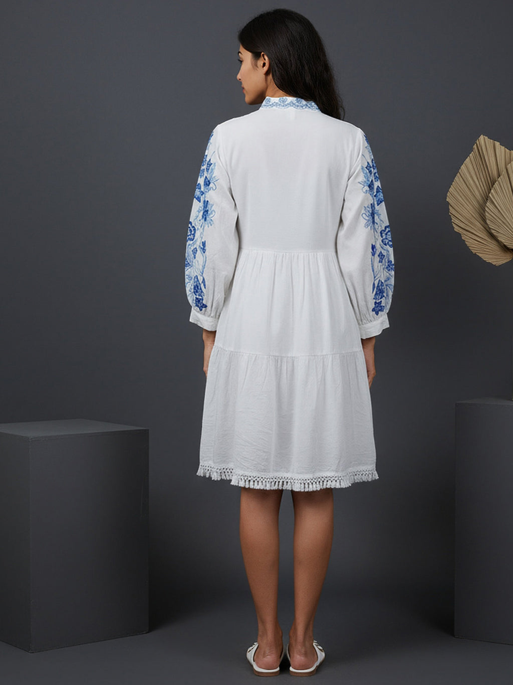 Cotton White Embroidered Fit and Flare Shirt Dress