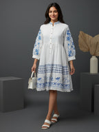 Cotton White Embroidered Fit and Flare Shirt Dress