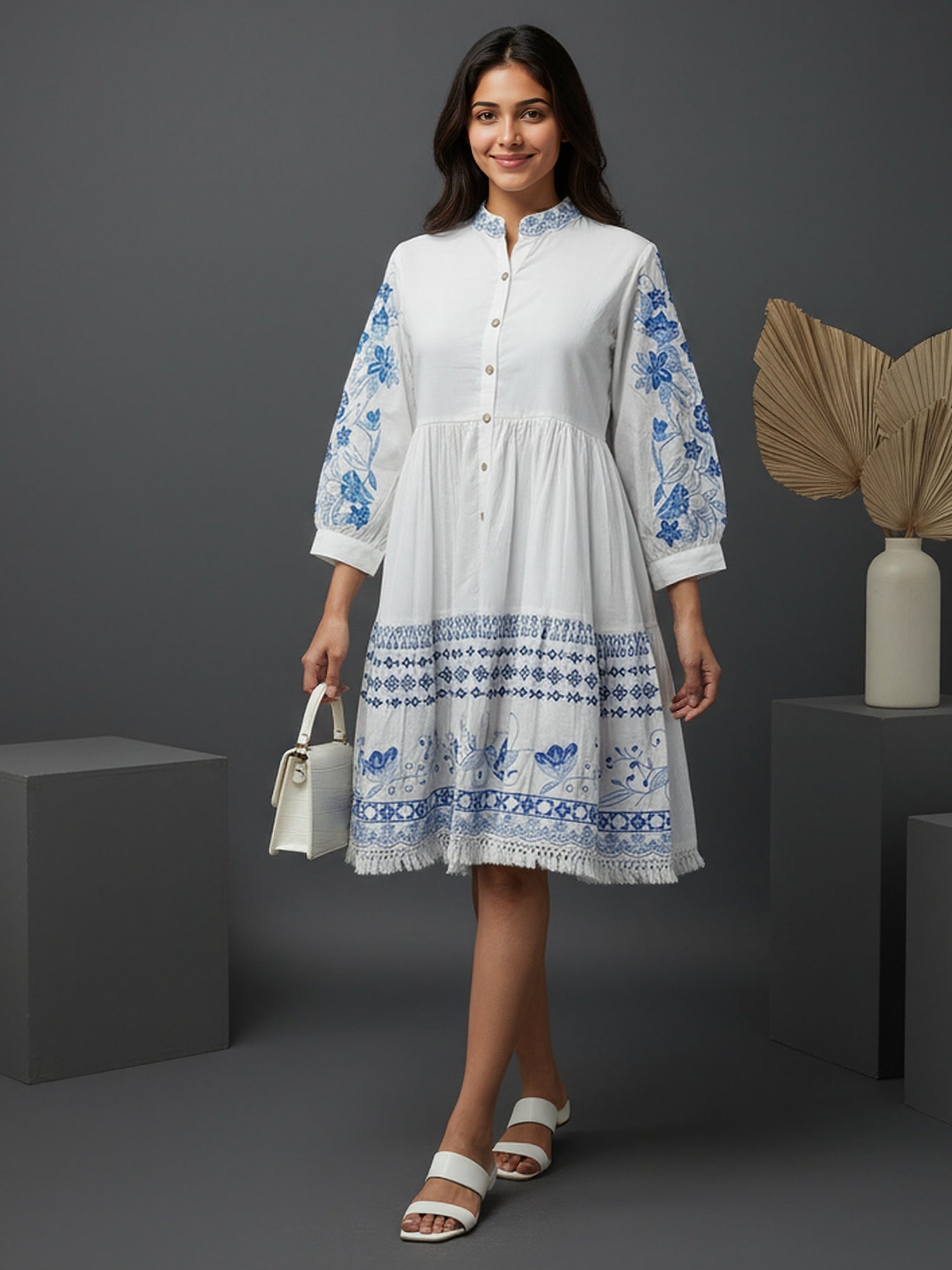 Cotton White Embroidered Fit and Flare Shirt Dress