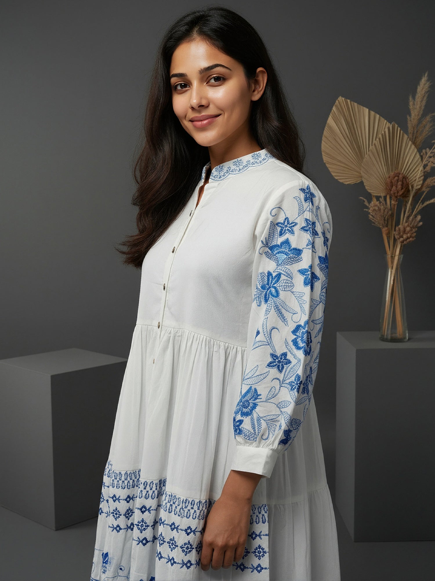 Cotton White Embroidered Fit and Flare Shirt Dress