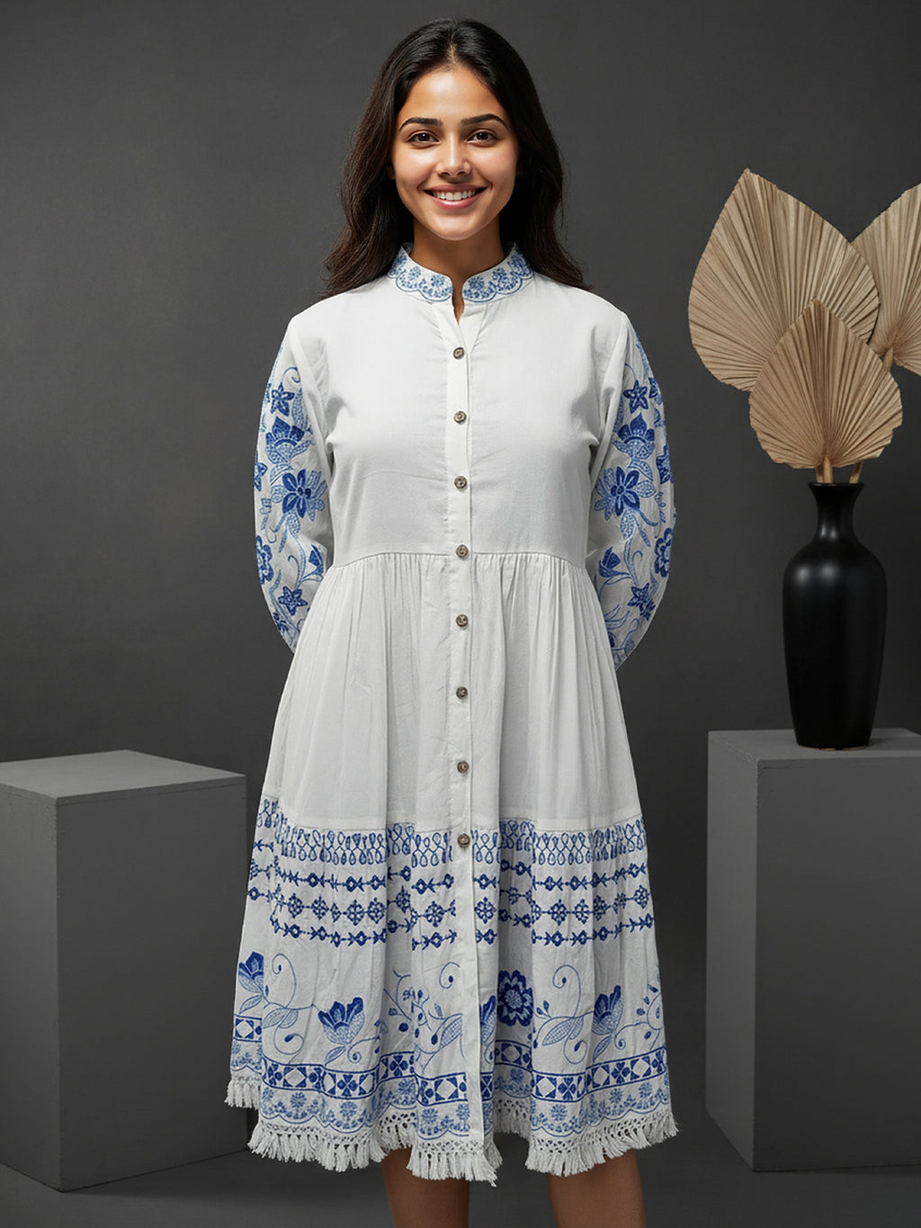 Cotton White Embroidered Fit and Flare Shirt Dress