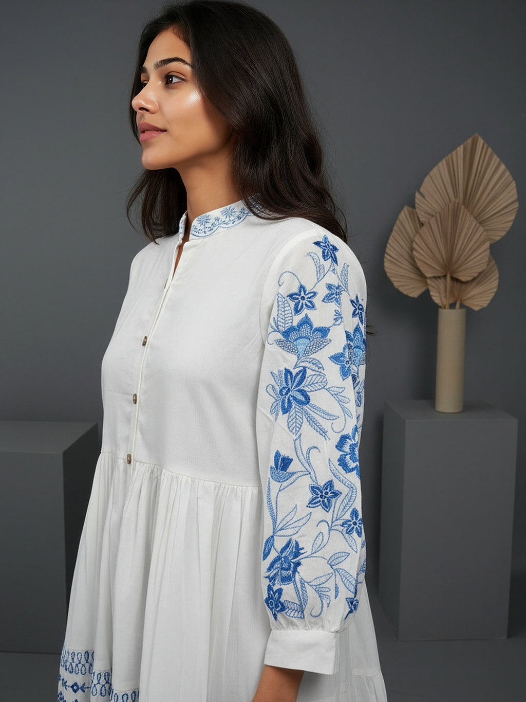 Cotton White Embroidered Fit and Flare Shirt Dress