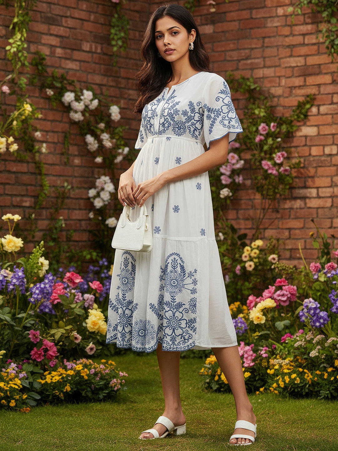 Cotton White Embroidered Midi Dress