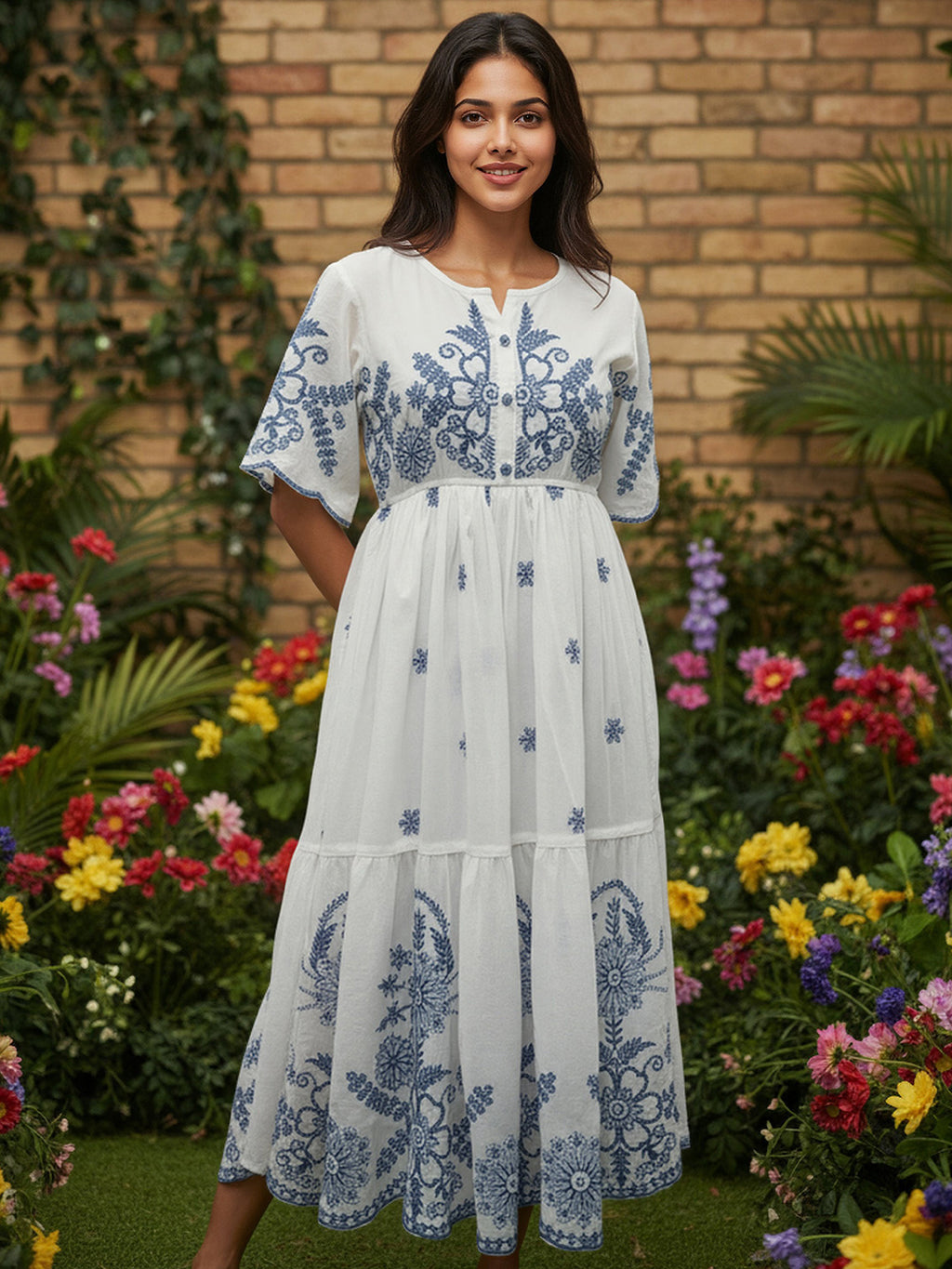 Cotton White Embroidered Midi Dress
