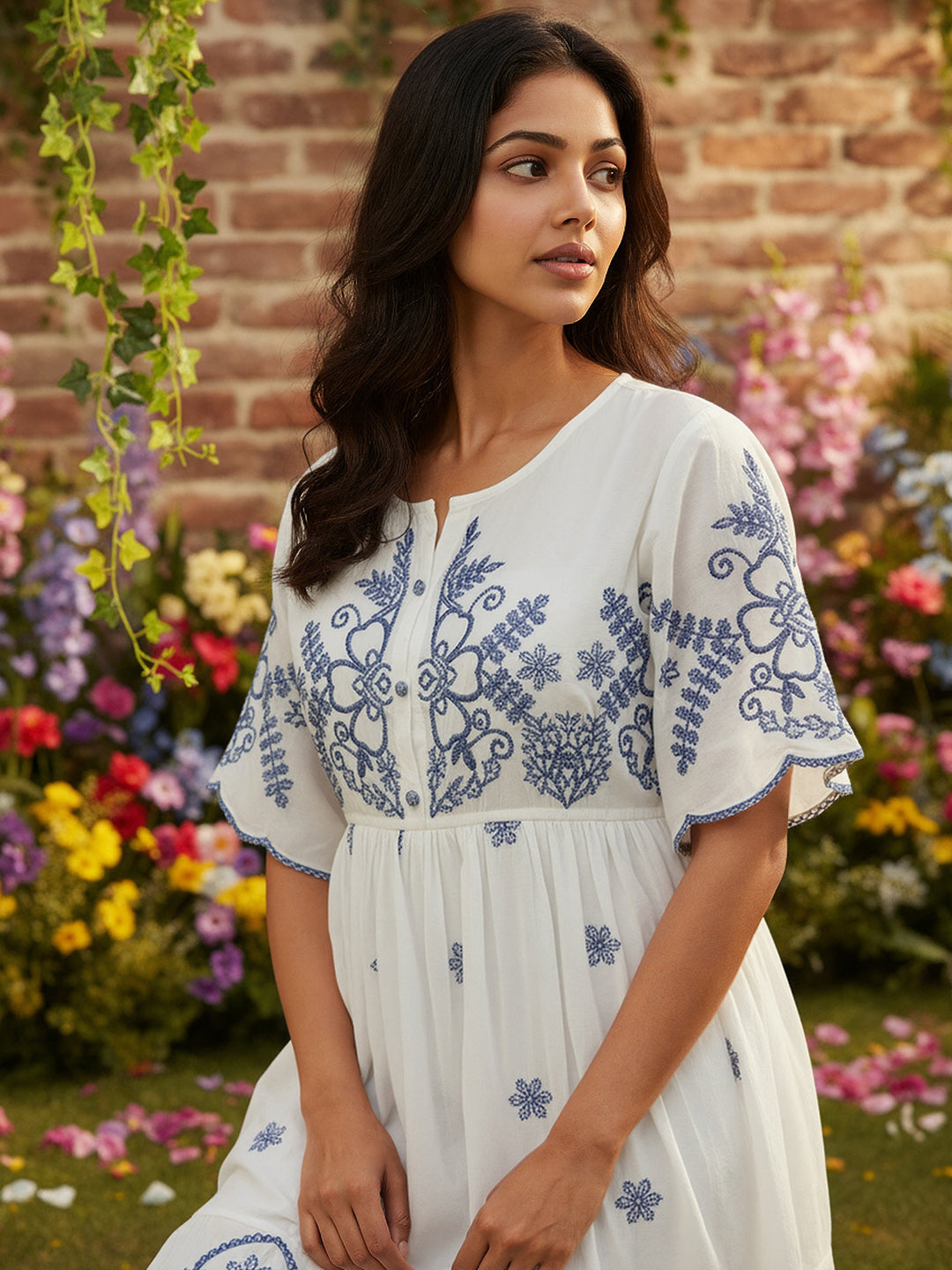 Cotton White Embroidered Midi Dress