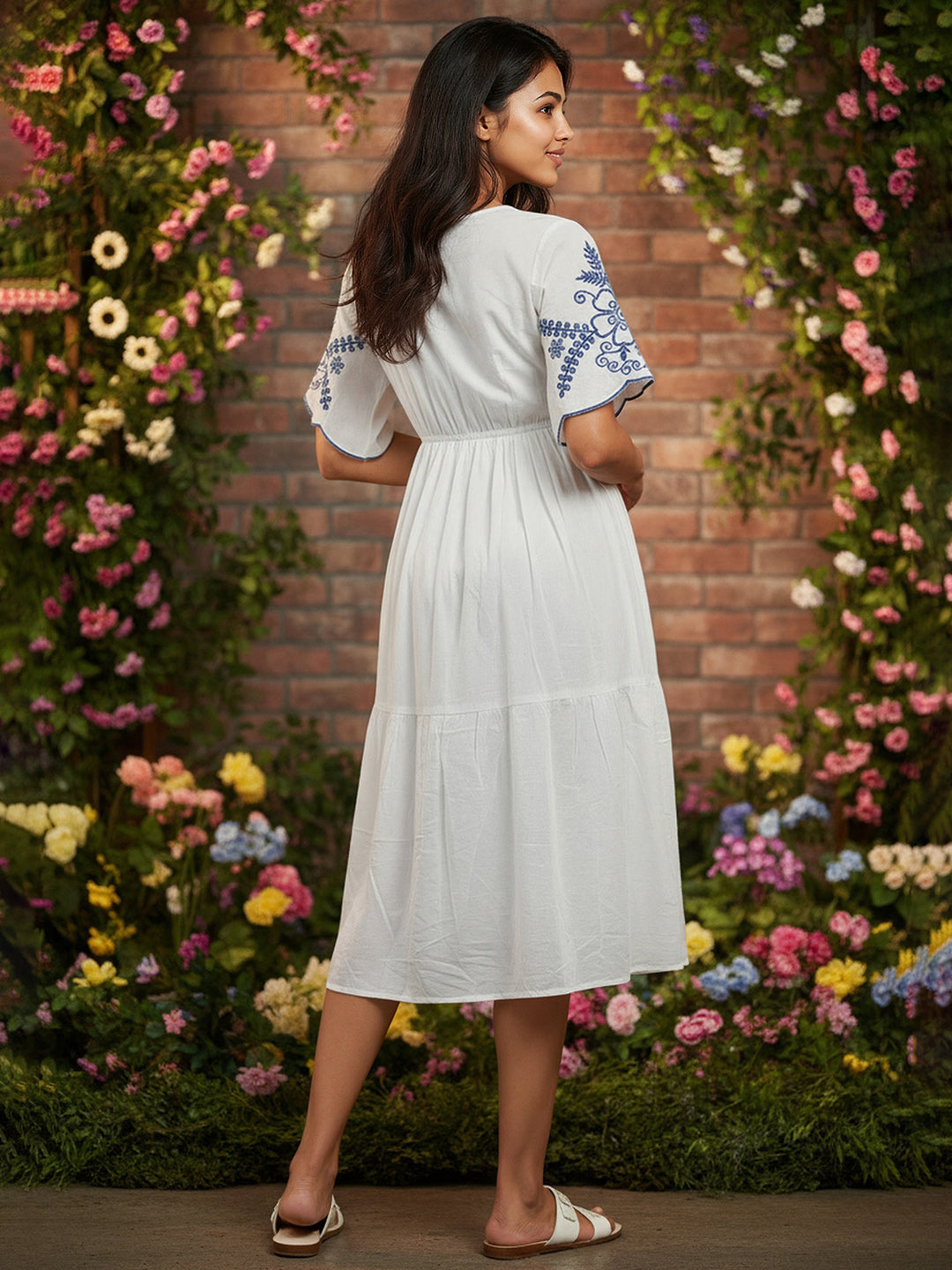 Cotton White Embroidered Midi Dress