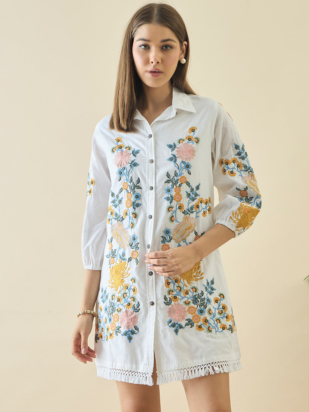 Cotton Floral Embroidered Short Dress