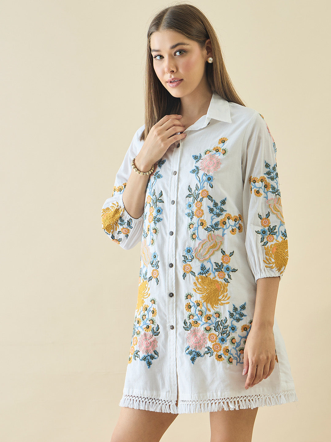 Cotton Floral Embroidered Short Dress