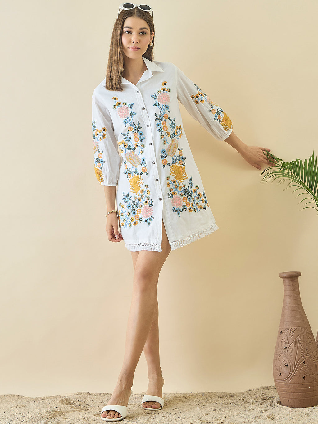 Cotton Floral Embroidered Short Dress