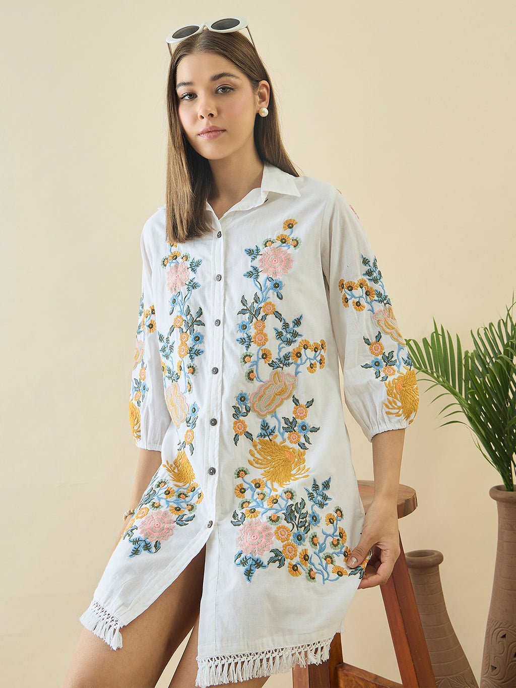 Cotton Floral Embroidered Short Dress