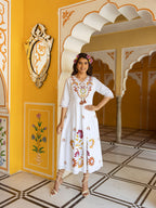 Cotton White Embroidered Fit and Flare Maxi Dress