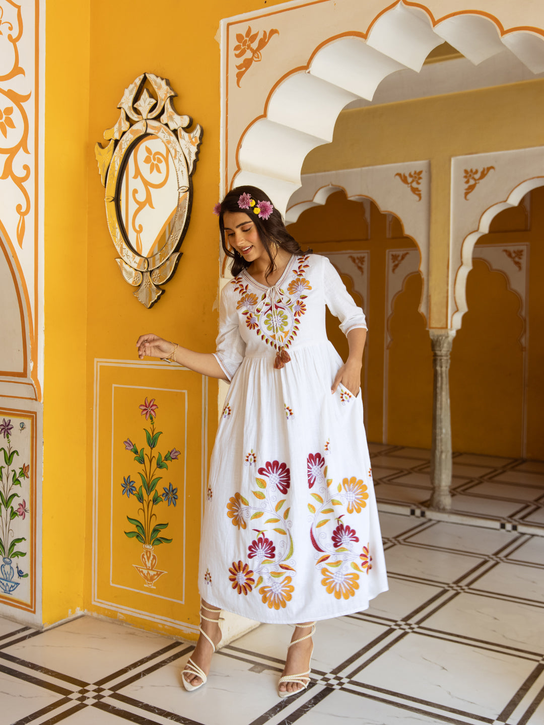 Cotton White Embroidered Fit and Flare Maxi Dress