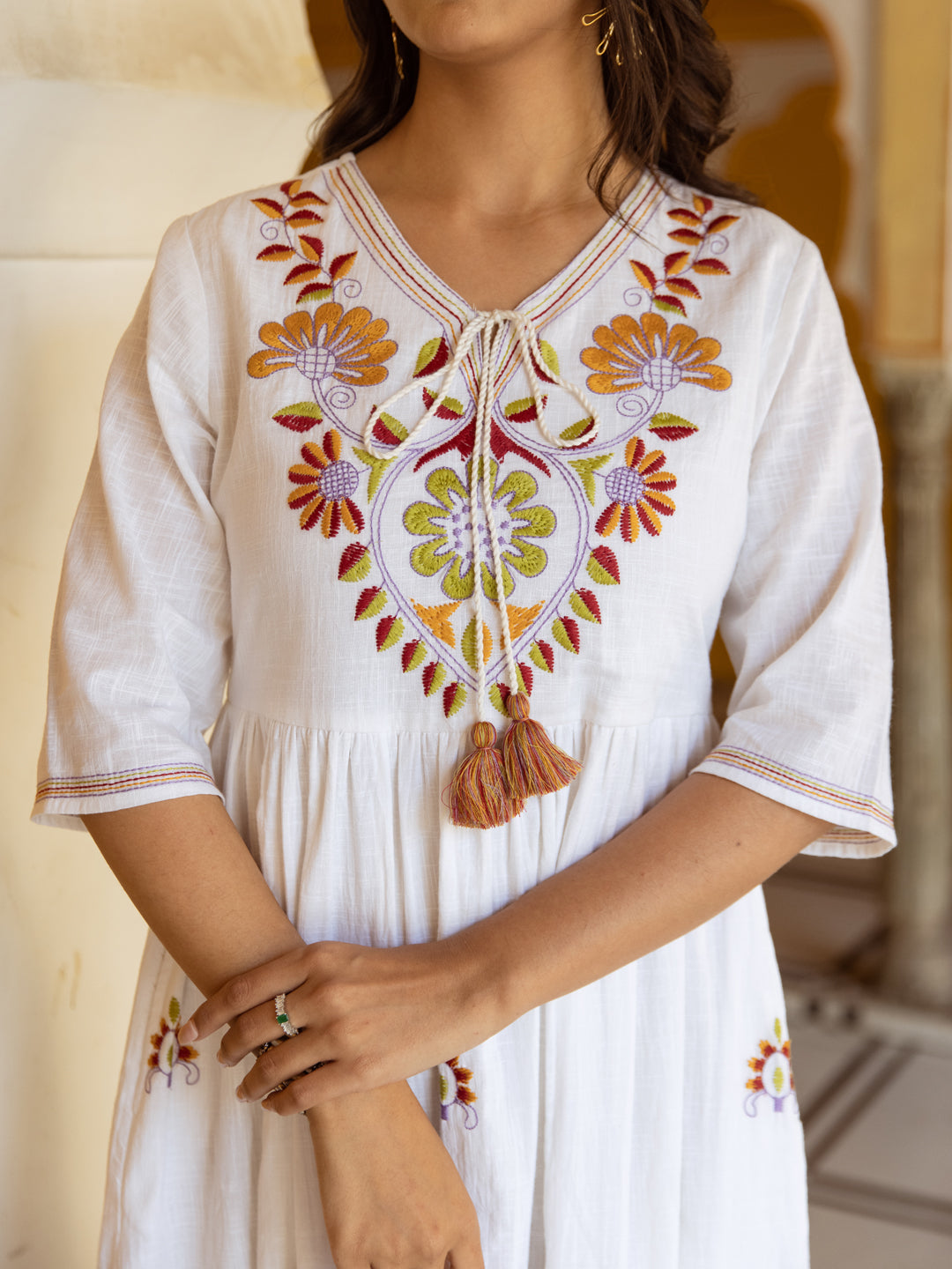 Cotton White Embroidered Fit and Flare Maxi Dress
