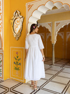 Cotton White Embroidered Fit and Flare Maxi Dress