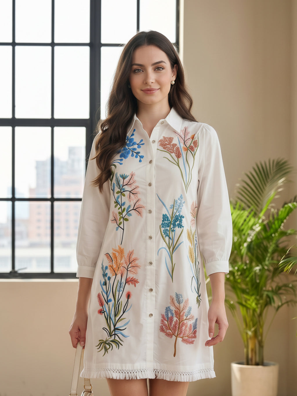 Zummer White Floral Embroidered Cotton Shirt Dress for Women