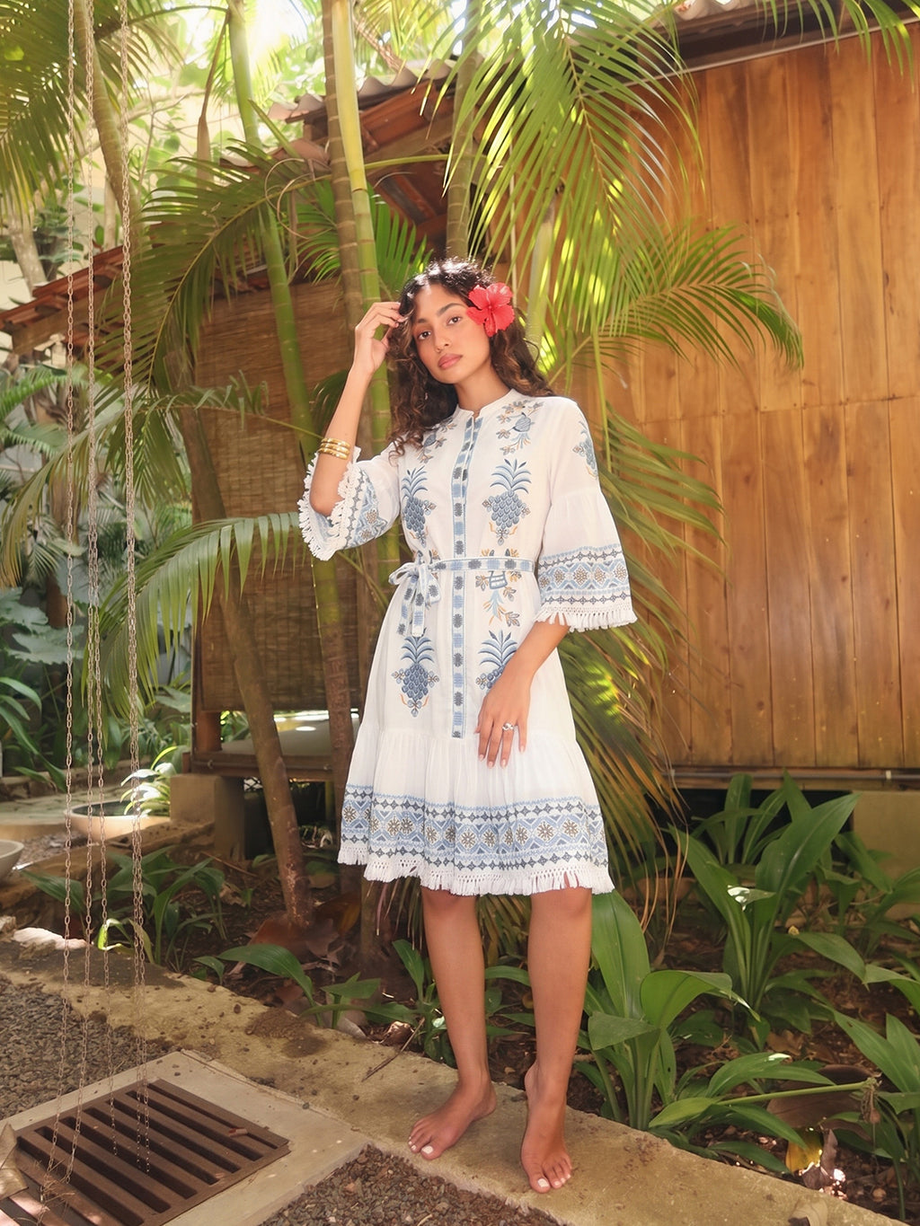 Zummer Women's White Floral Embroidered Drop-Waist Dress with Belt