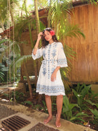 Zummer Women's White Floral Embroidered Drop-Waist Dress with Belt
