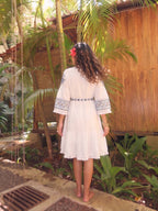 Zummer Women's White Floral Embroidered Drop-Waist Dress with Belt