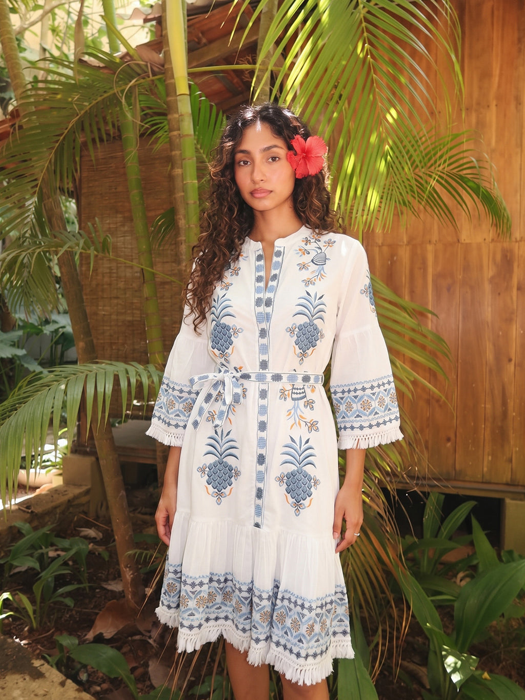 Zummer Women's White Floral Embroidered Drop-Waist Dress with Belt