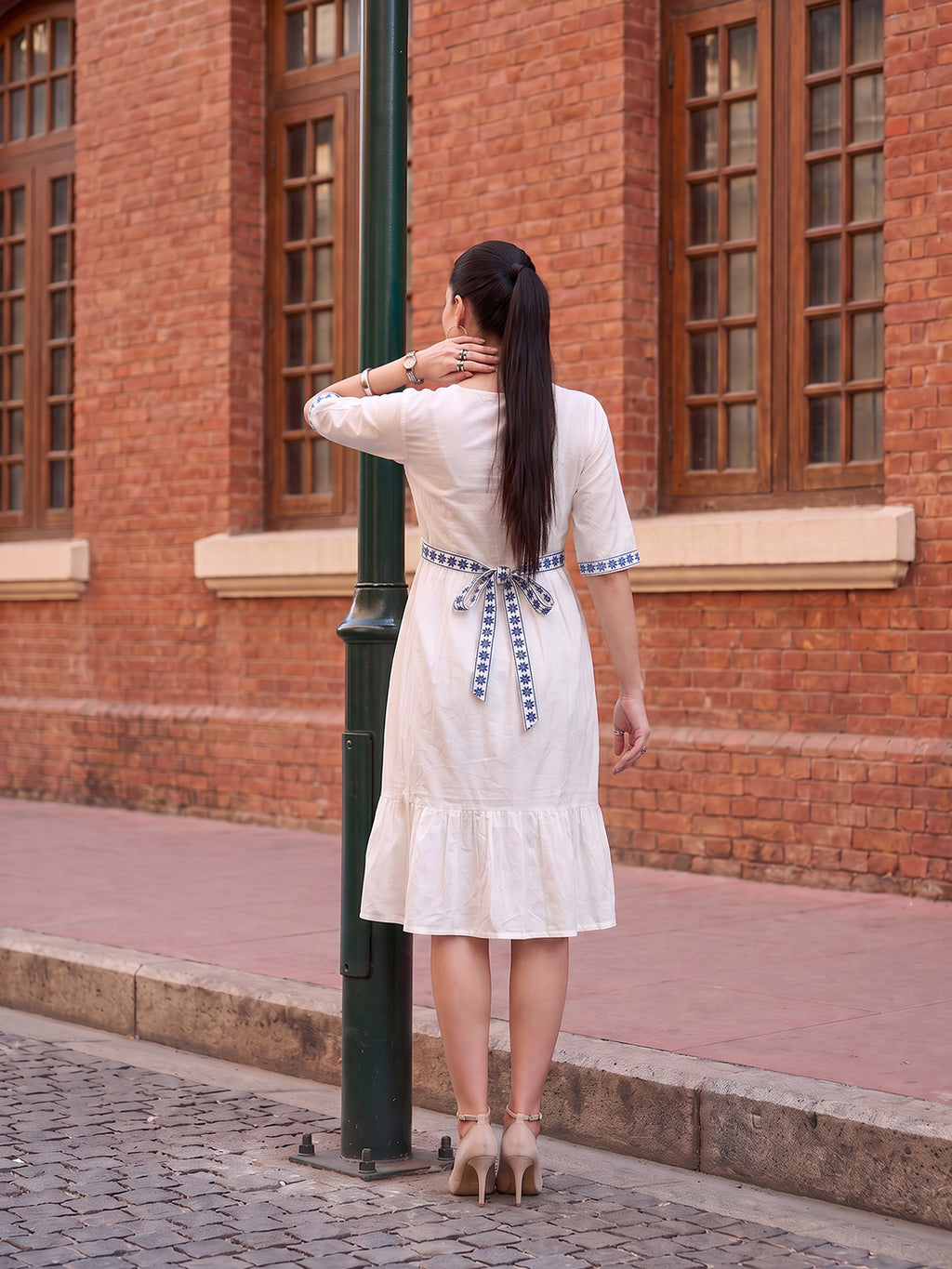 Zummer Women's White Embroidered Drop-Waist Dress with Ruffle Detailing