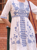 Zummer Women's White Embroidered Drop-Waist Dress with Ruffle Detailing