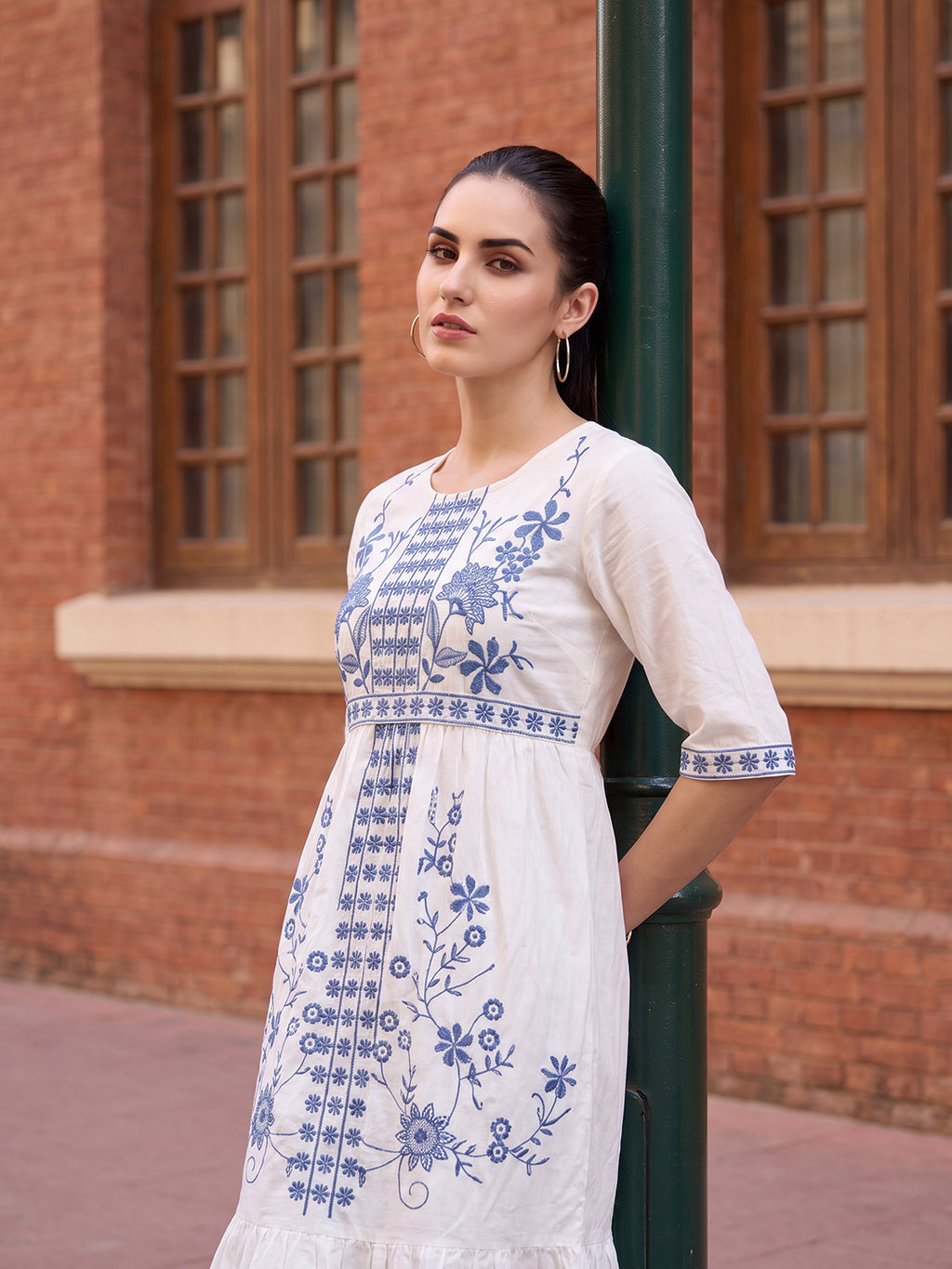 Zummer Women's White Embroidered Drop-Waist Dress with Ruffle Detailing