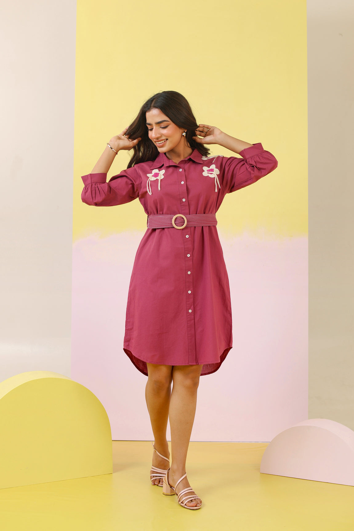 Cotton Floral Applique Work Shirt Dress