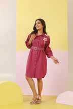 Cotton Floral Applique Work Shirt Dress
