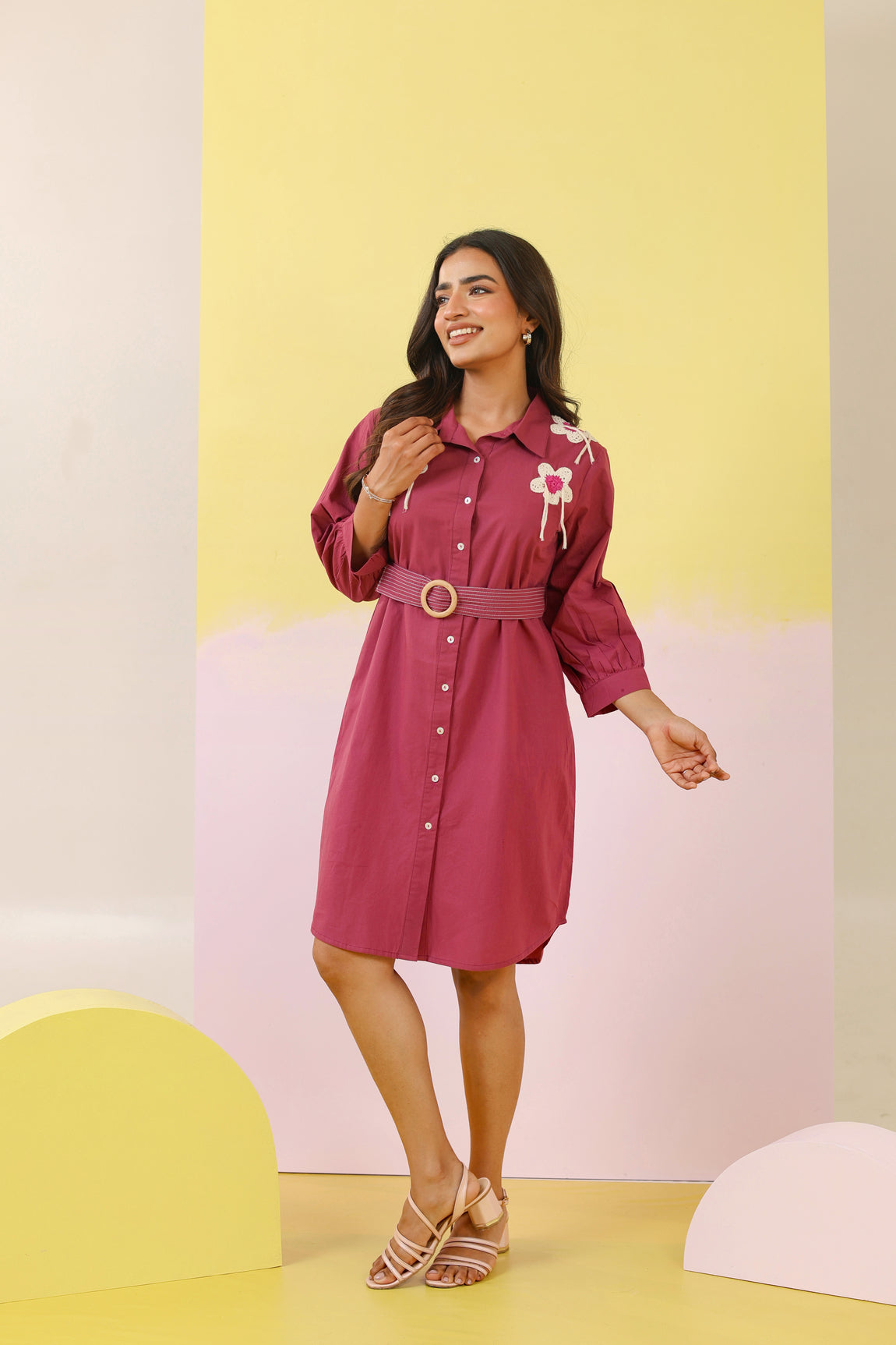 Cotton Floral Applique Work Shirt Dress