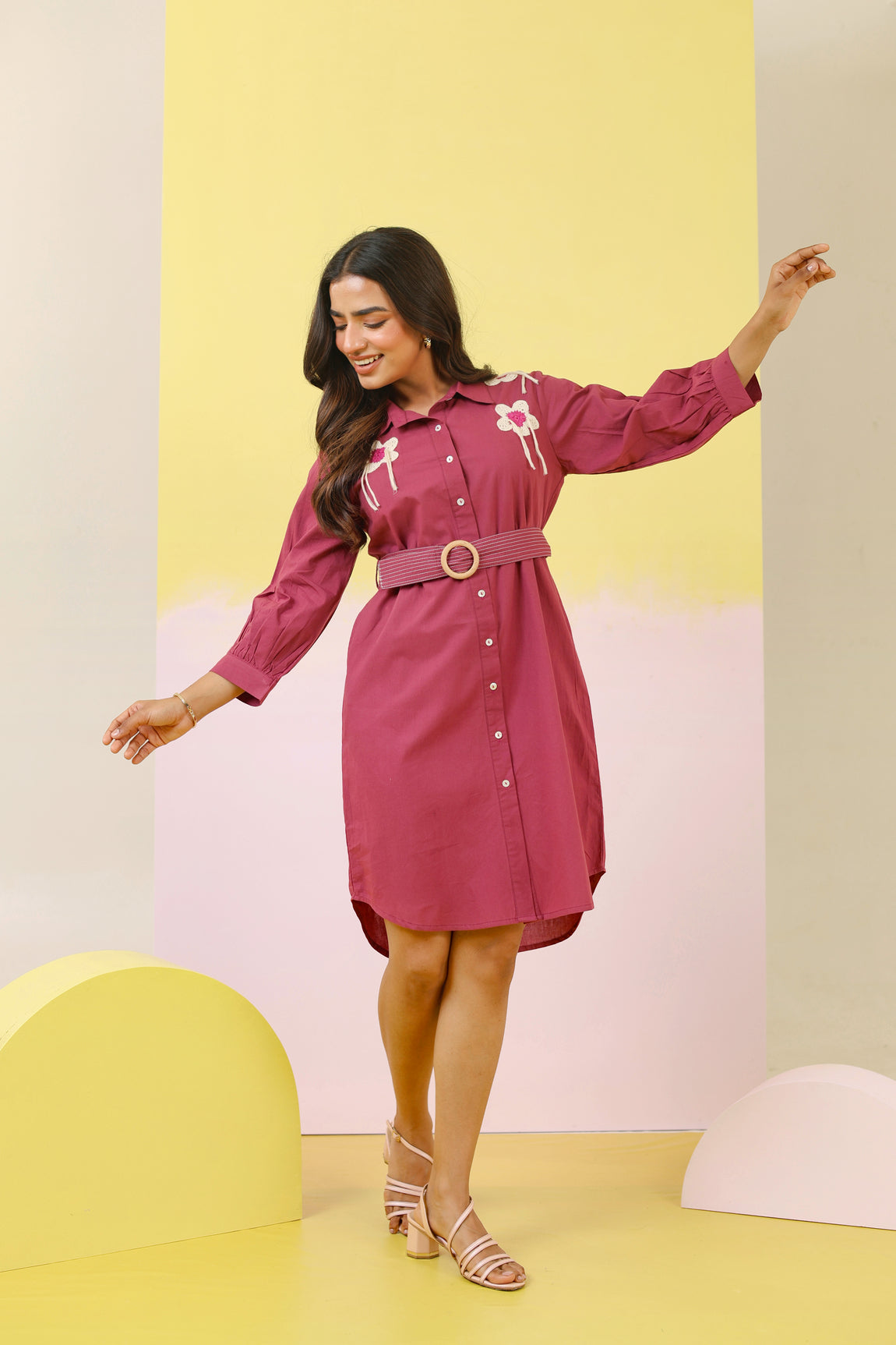 Cotton Floral Applique Work Shirt Dress
