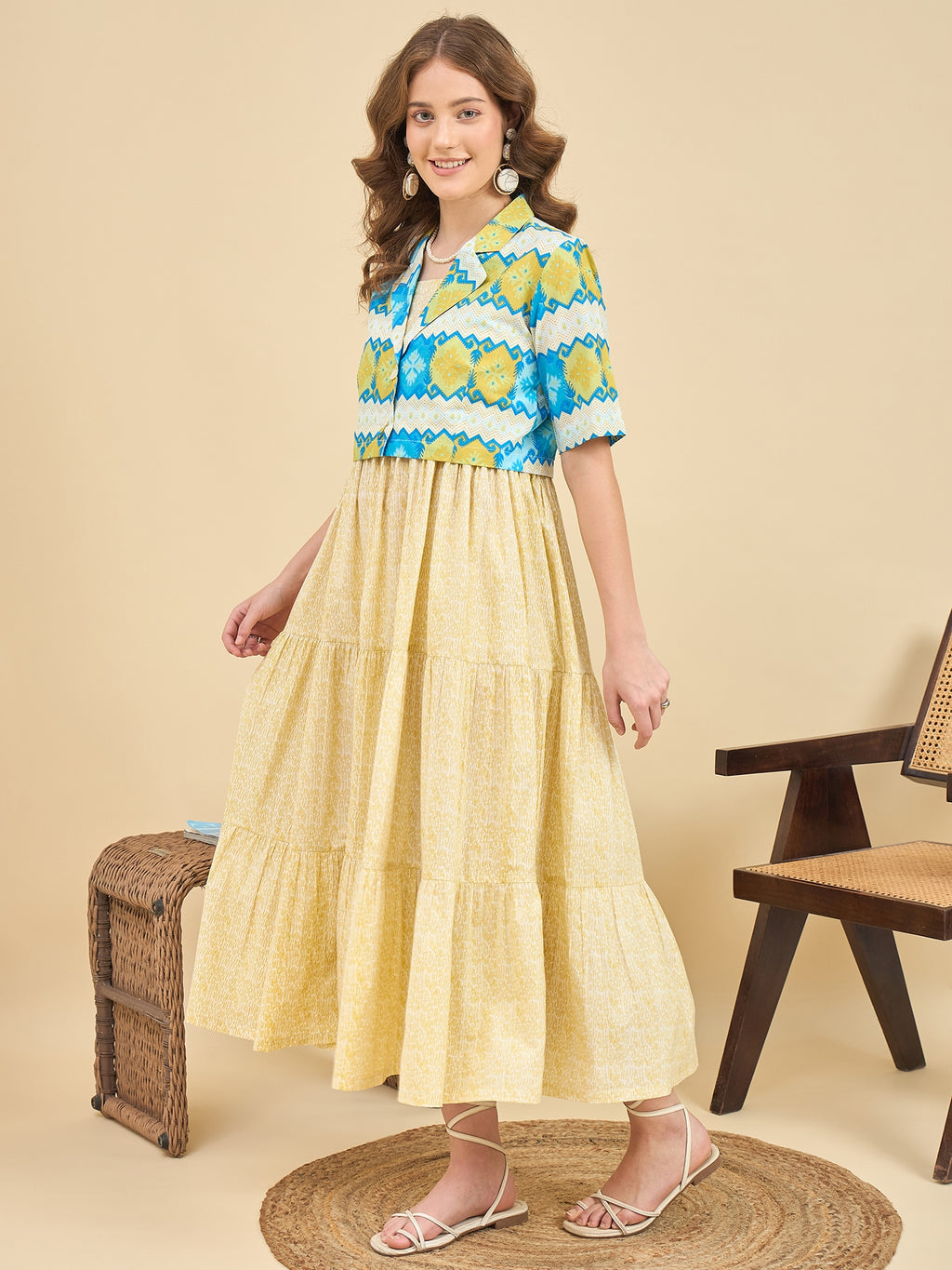 Yellow Printed Fit And Flare Midi Dress with Jacket