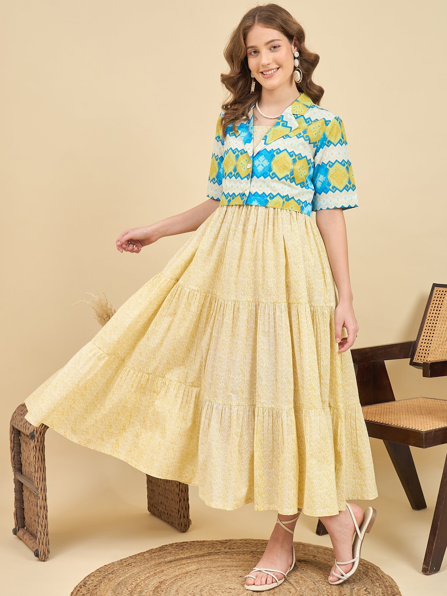 Yellow Printed Fit And Flare Midi Dress with Jacket – Zummer