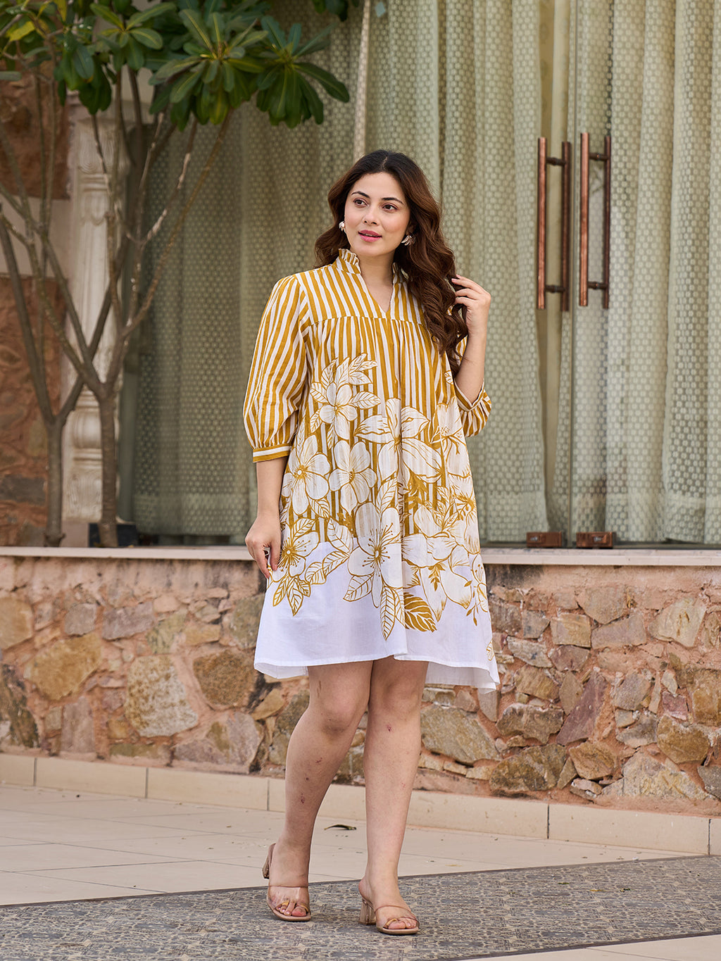 Zummer Women Mustard & Off White Empire Dress