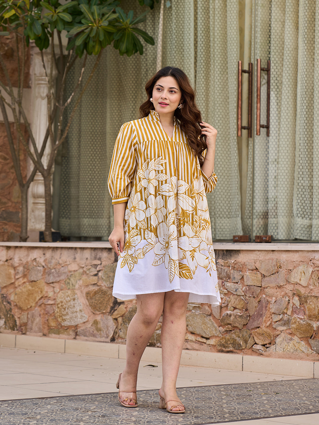 Zummer Women Mustard & Off White Empire Dress
