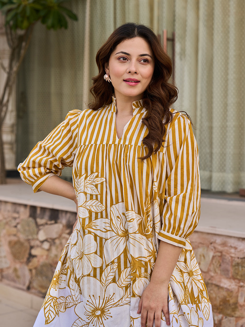 Zummer Women Mustard & Off White Empire Dress