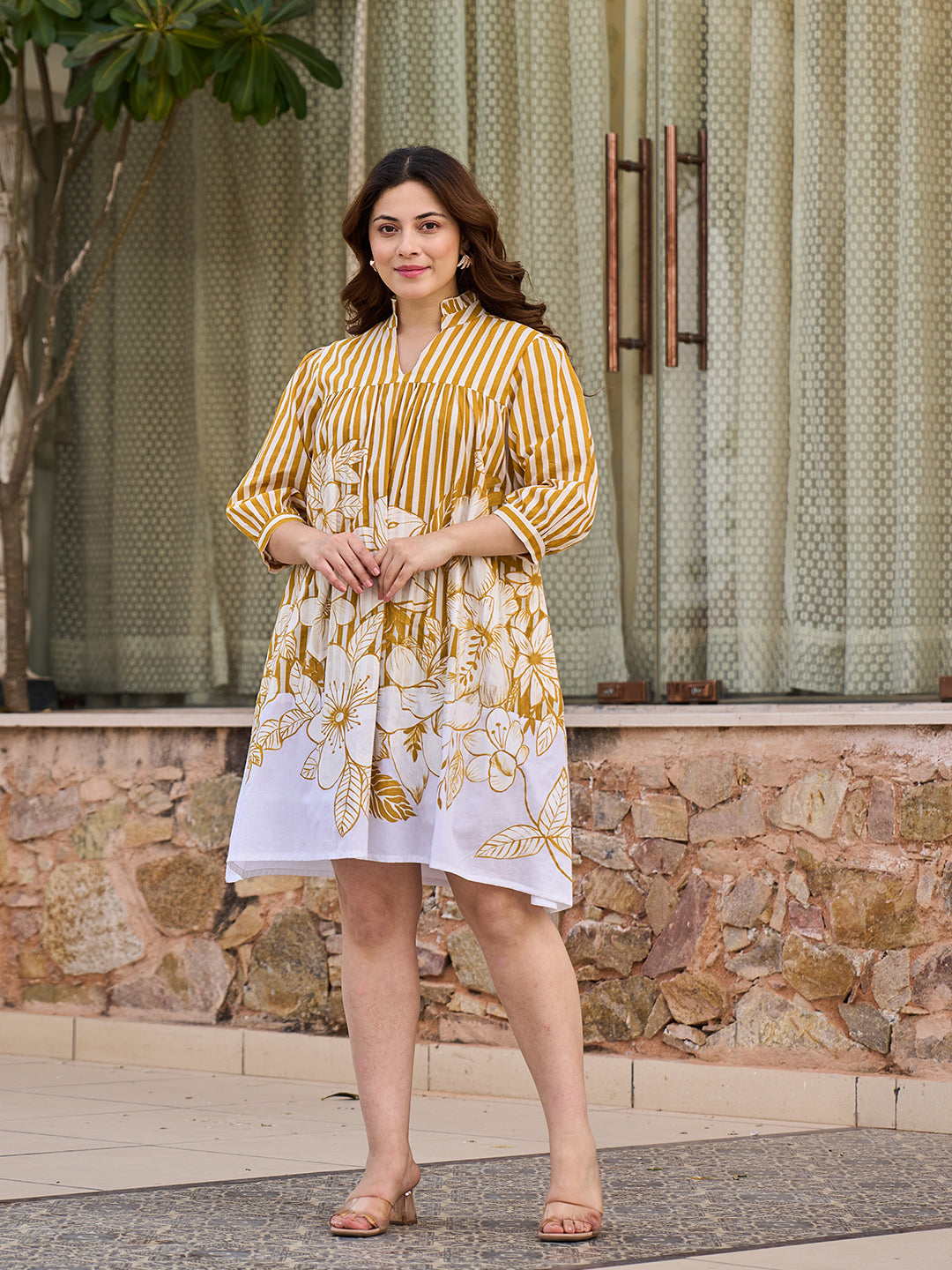 Zummer Women Mustard & Off White Empire Dress